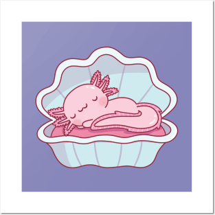 Cute Axolotl Sleeping In A Seashell Posters and Art